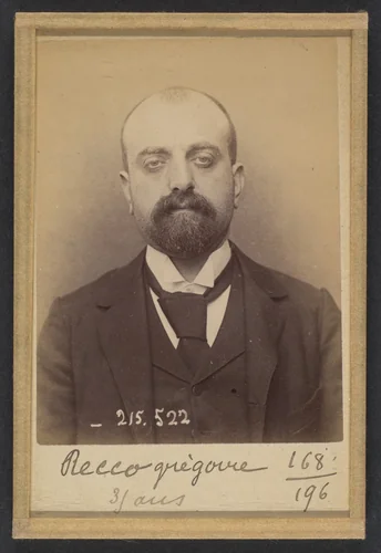 Recco. Grégoire. 35 ans, né à Formia (Italie). Tailleur d'habits. Anarchiste. 11/3/94. by Alphonse Bertillon, photograph, 1894