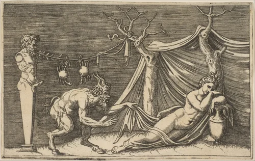 A satyr discovering a sleeping woman; two crabs hanging from a rope which is strung between a term and a tree by Marco Dente, print, 1510-1532