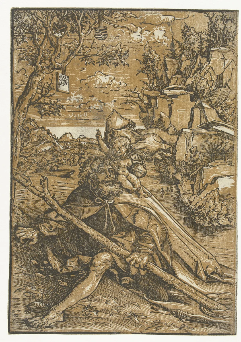 Heilige Christoffel met Christuskind by Unknown, print, 1506-1553