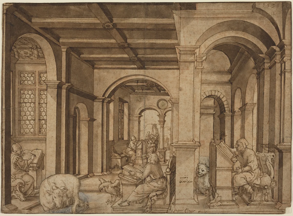 Four Evangelists in a Scriptorium by Master I.K., drawing, 1539