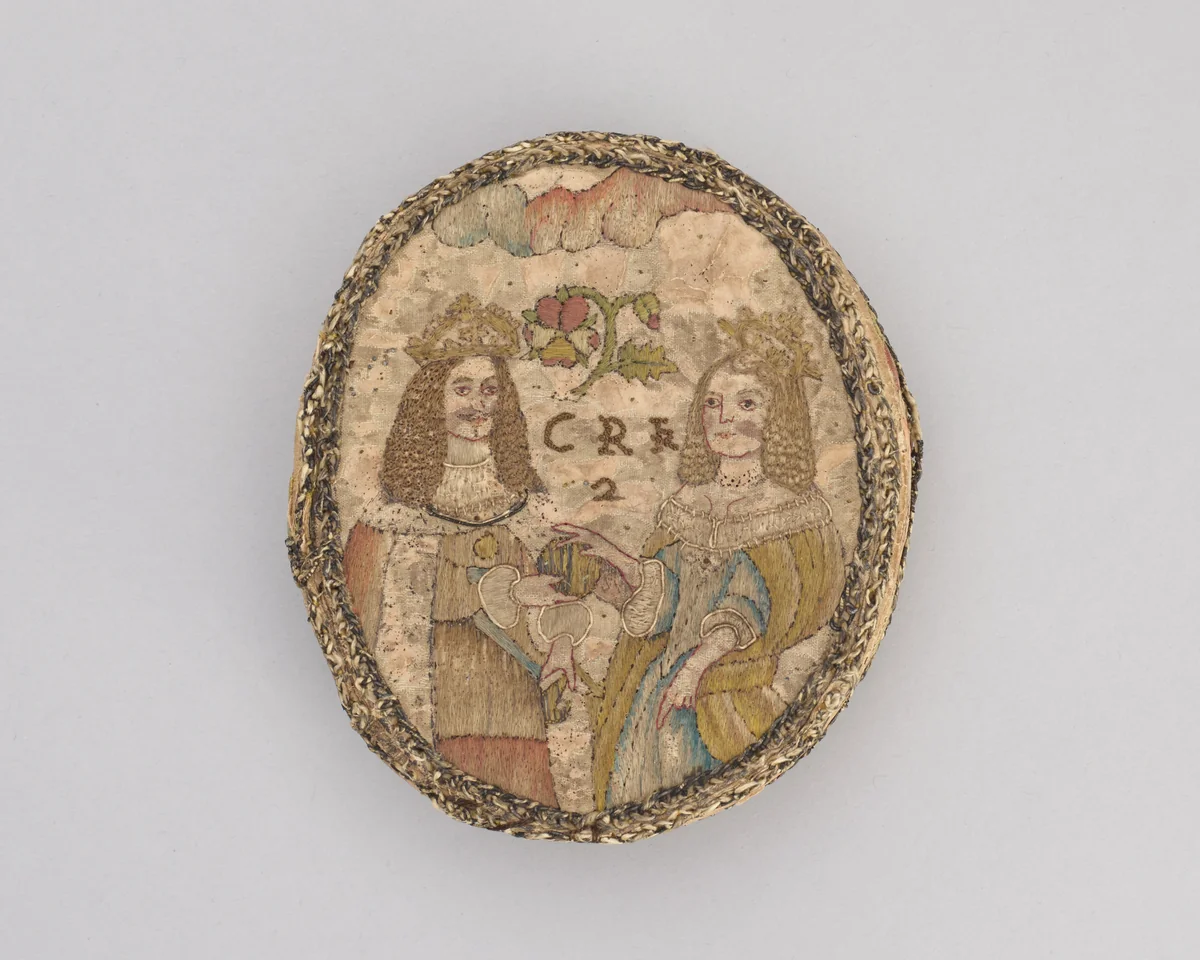 Oval Box Showing Charles II and Catherine of Braganza by England, textile, 1650-1670