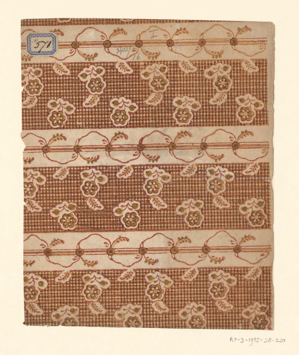 Blad met banenpatroon met bloemen alternerend met slingerende tak met vruchten by anonymous, other, 1750-1900