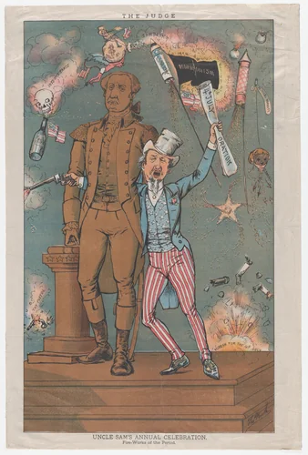 Uncle Sam's Annual Celebration, Fire-Works of the Period, from "The Judge" by Thomas B. Worth, print, 1881-1883