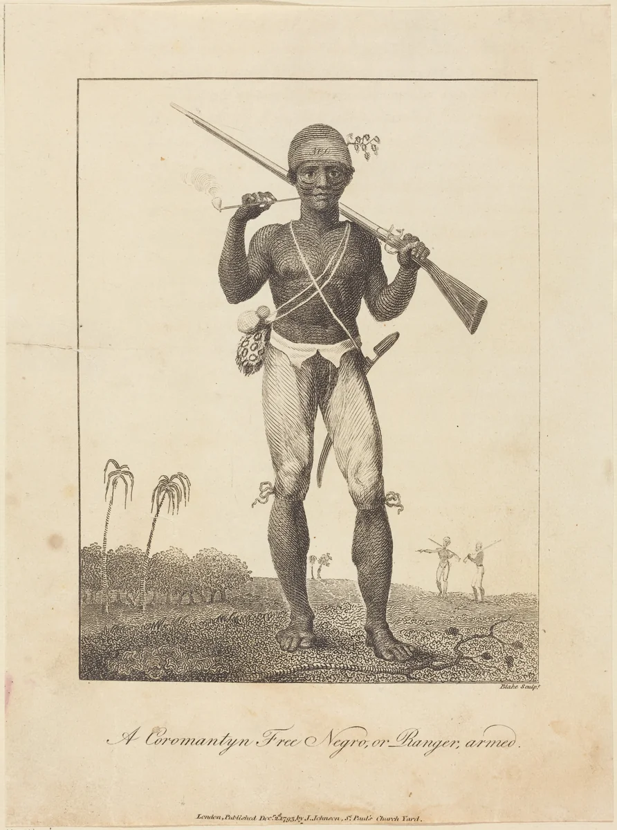 A Coromantyn Free Negro, or Ranger, armed by William Blake; John Gabriel Stedman, print, 1793