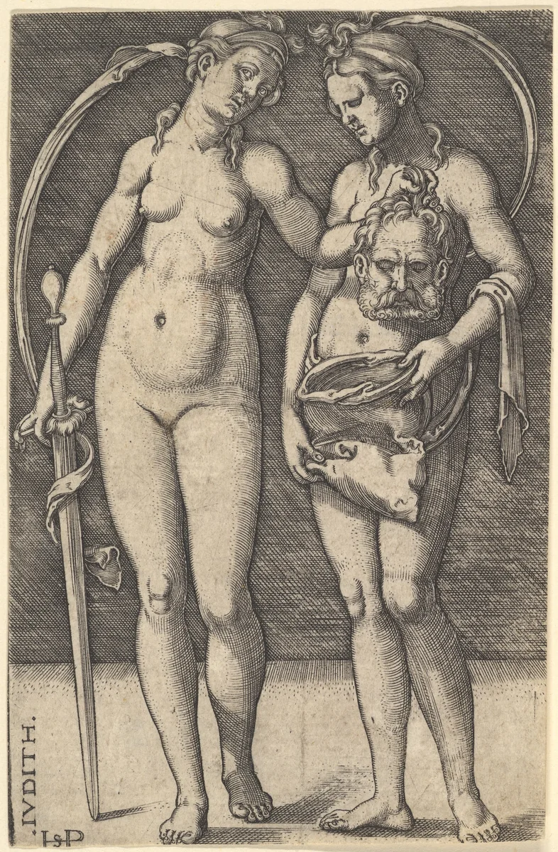 Judith standing to right and holding the head of Holofernes in her right hand and a sword in her left hand, her servant standing to right holding an open bag by Sebald Beham, print, 1520-1530