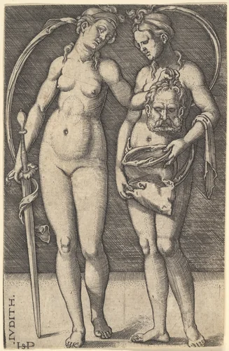Judith standing to right and holding the head of Holofernes in her right hand and a sword in her left hand, her servant standing to right holding an open bag by Sebald Beham, print, 1520-1530