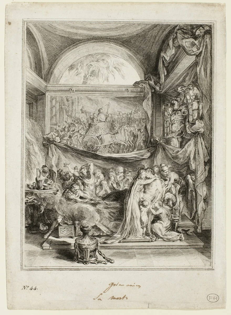 The Death of Germanicus, from the Spectacle de l'Histoire Romaine by Gabriel Jacques de Saint-Aubin, print, 1760-1768