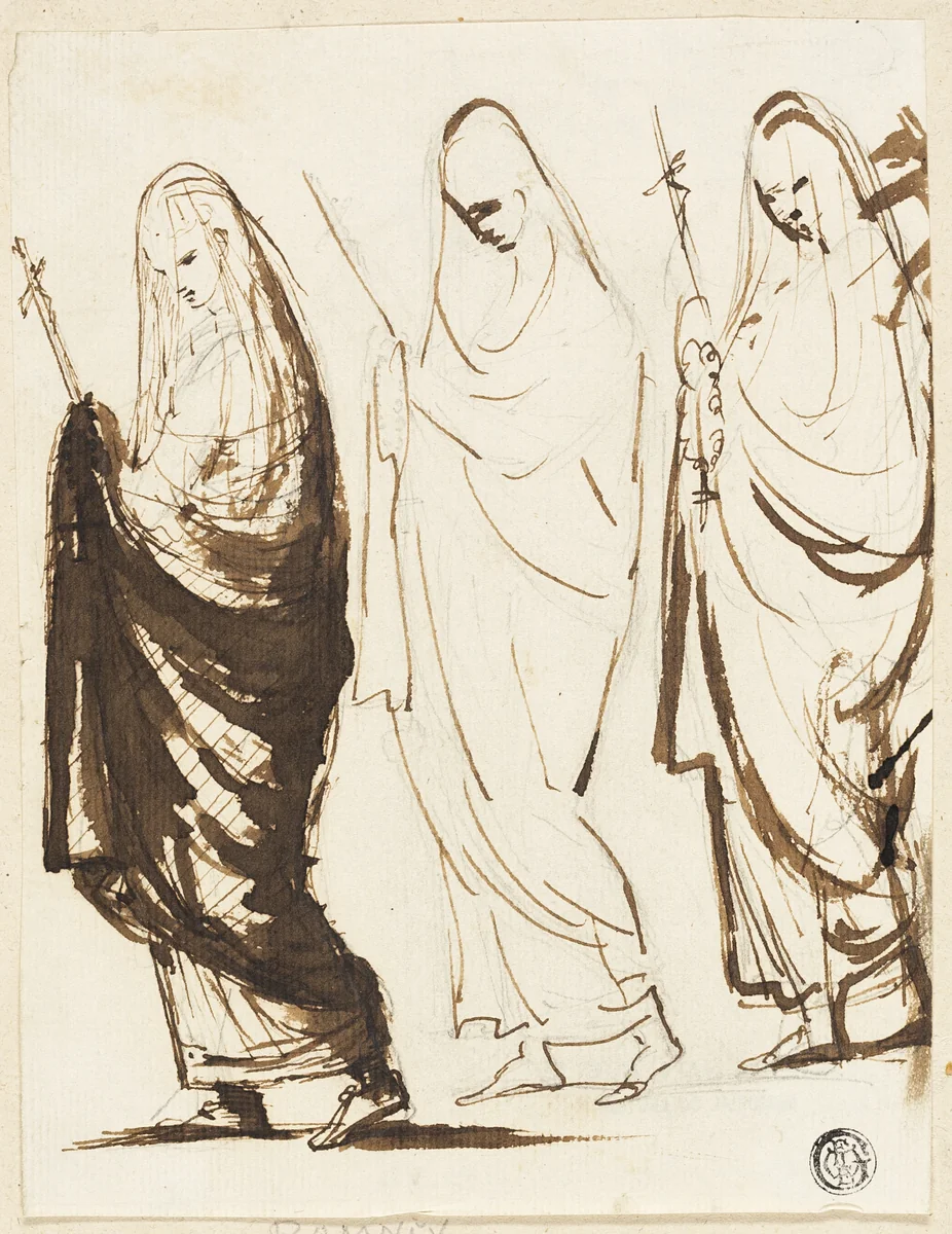 Procession of Three Draped Women Holding Crosses or Sceptres by George Romney, drawing, 1754-1802
