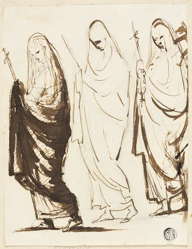 Procession of Three Draped Women Holding Crosses or Sceptres by George Romney, drawing, 1754-1802