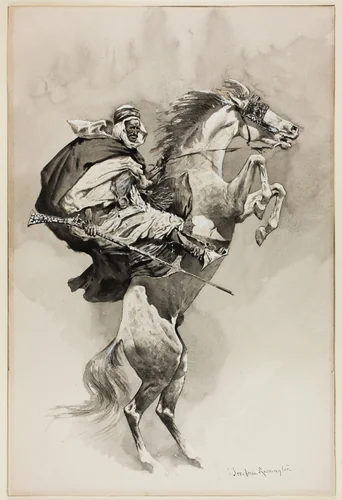 "As They Threw their Animals Back upon their Haunches," illustration for An Arabian Day and Night, in Harper's New Monthly Magazine by Frederic Remington, drawing, 1894