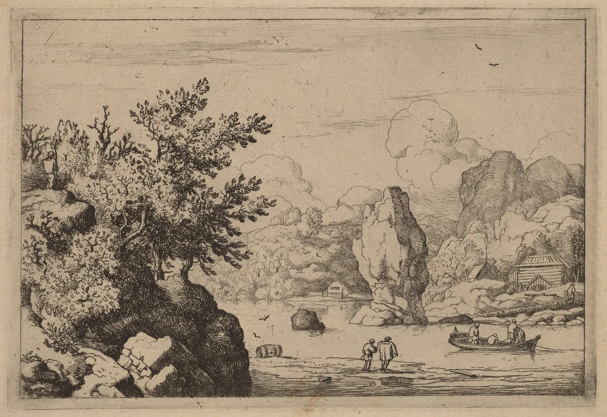 Rock in the Middle of a River by Allart van Everdingen, print, 1645-1656
