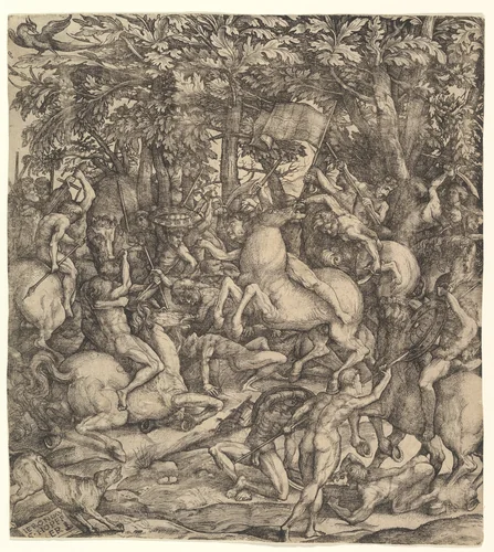 Battle between cavalry and infantry in a wood by Hieronymus Hopfer, print, 1500-1563