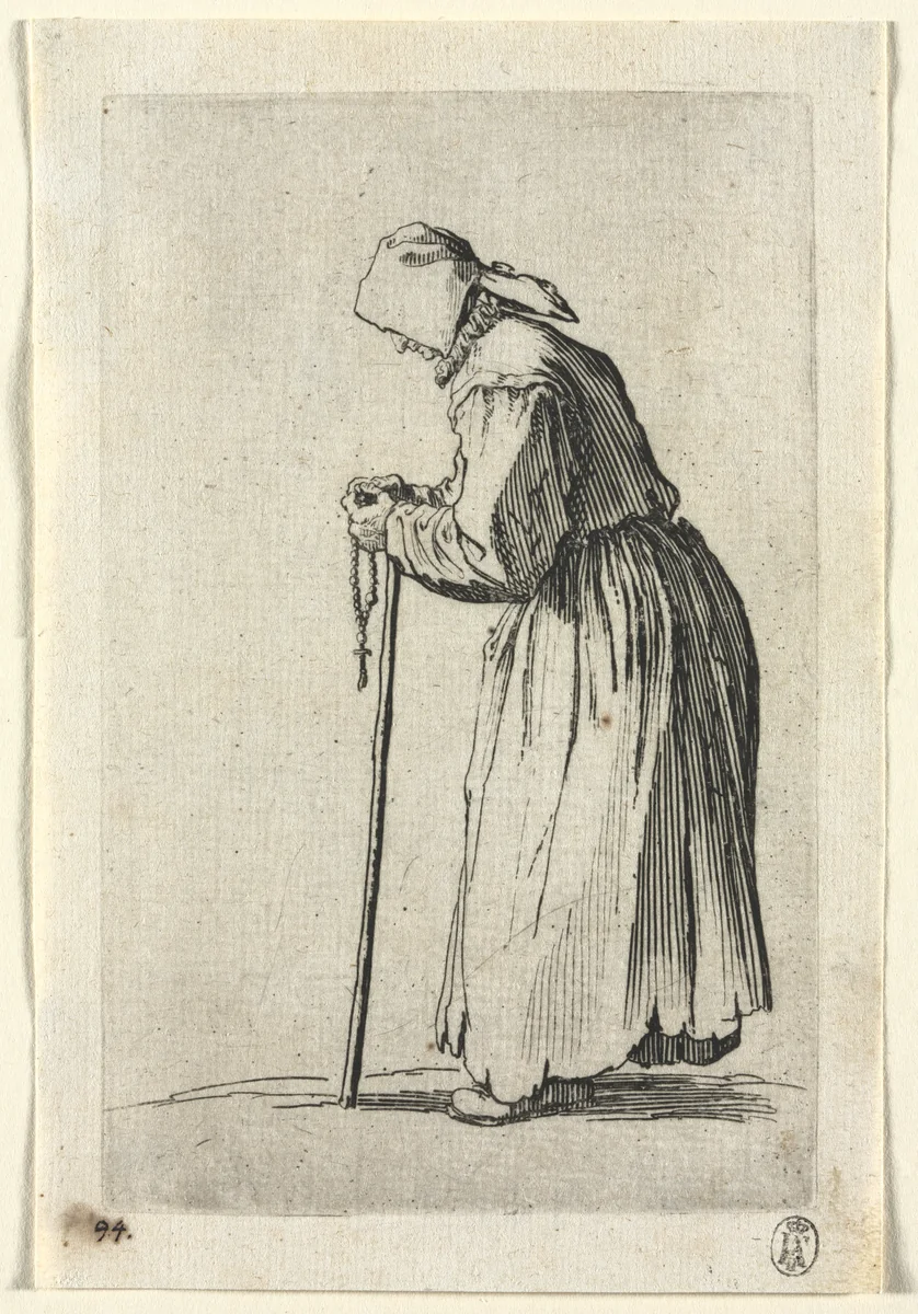 The Beggars: Beggar at Her Rosary by Jacques Callot, print, 1619-1627