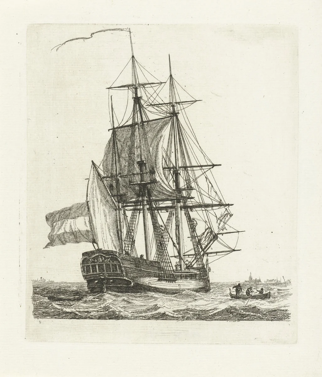 Driemaster met twee figuren in de touwen by Gerrit Groenewegen, print, 1790