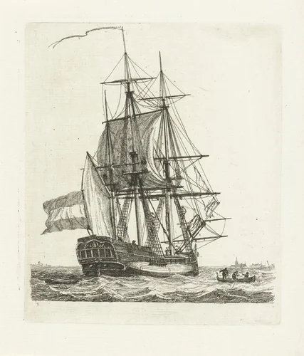 Driemaster met twee figuren in de touwen by Gerrit Groenewegen, print, 1790