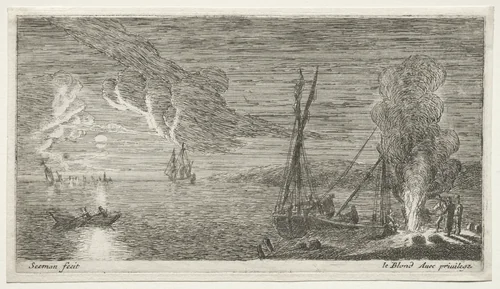 A Bonfire and Moonlight by Jean Le Blond, print, 1650-1667