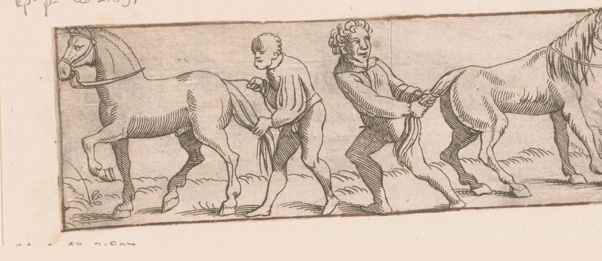 Twee mannen trekken aan paardenstaarten by Caspar Merian, print, 1516