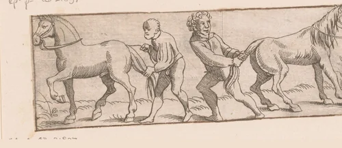 Twee mannen trekken aan paardenstaarten by Caspar Merian, print, 1516