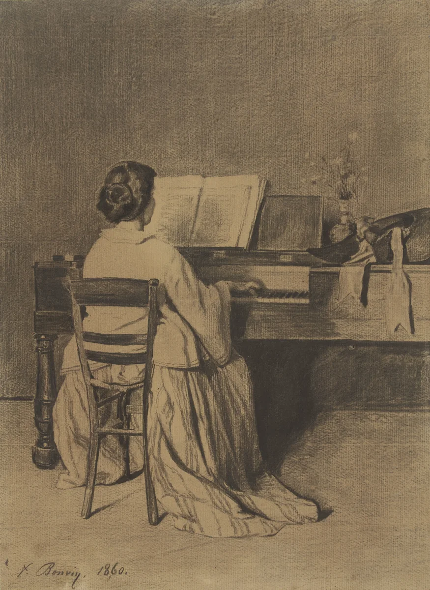 Vrouw aan de piano, op de rug gezien by François Bonvin, drawing, 1860