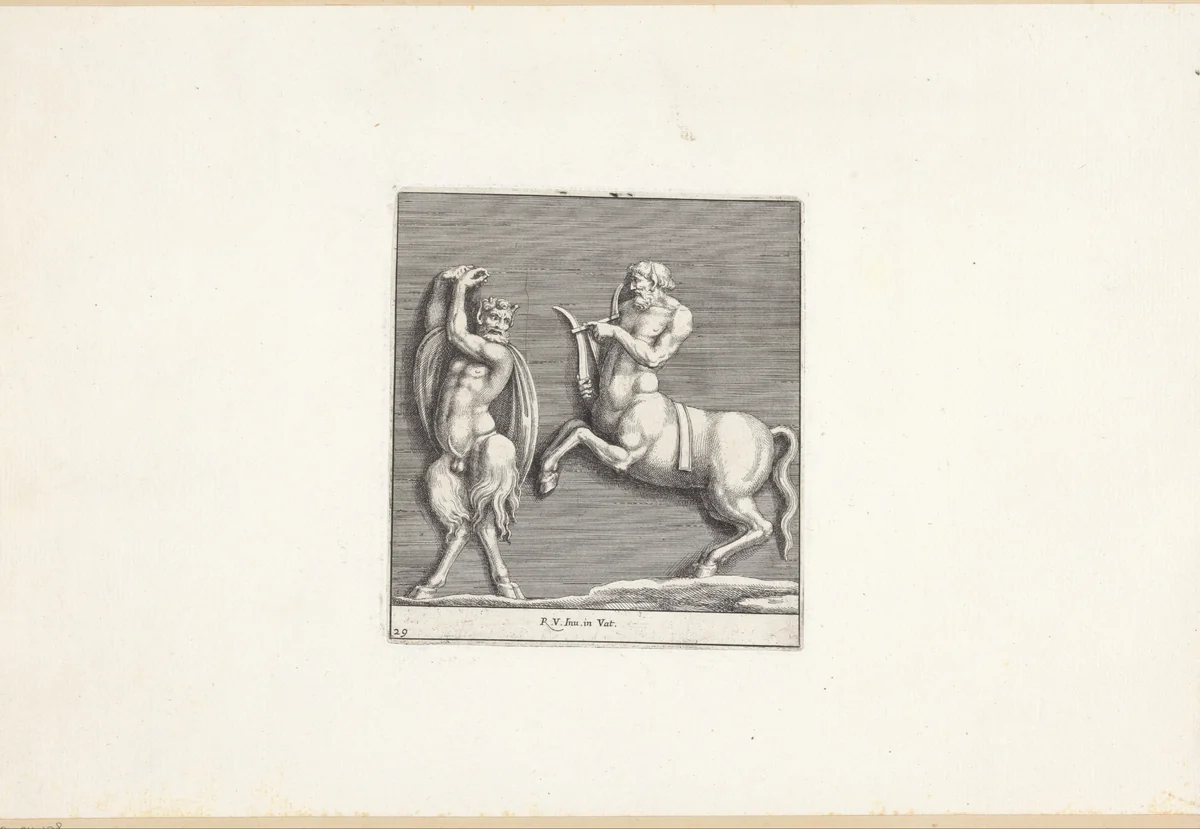 Sater en een centaur by Pietro Sante Bartoli, print, 1645-1700