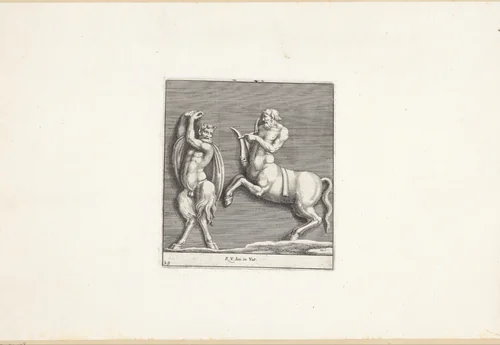 Sater en een centaur by Pietro Sante Bartoli, print, 1645-1700