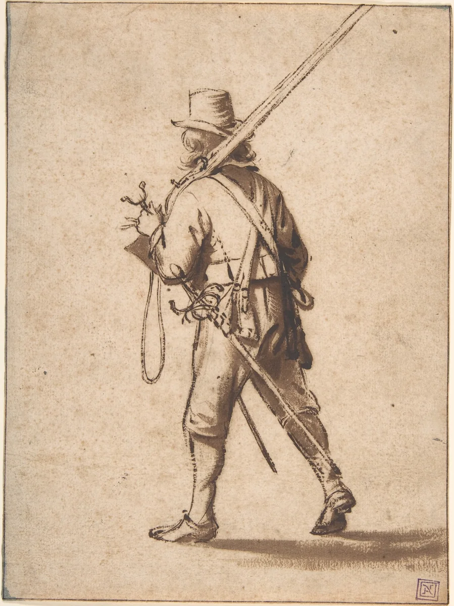 A Walking Musketeer, seen from behind by Anthonie Palamedesz, drawing, 1610-1673