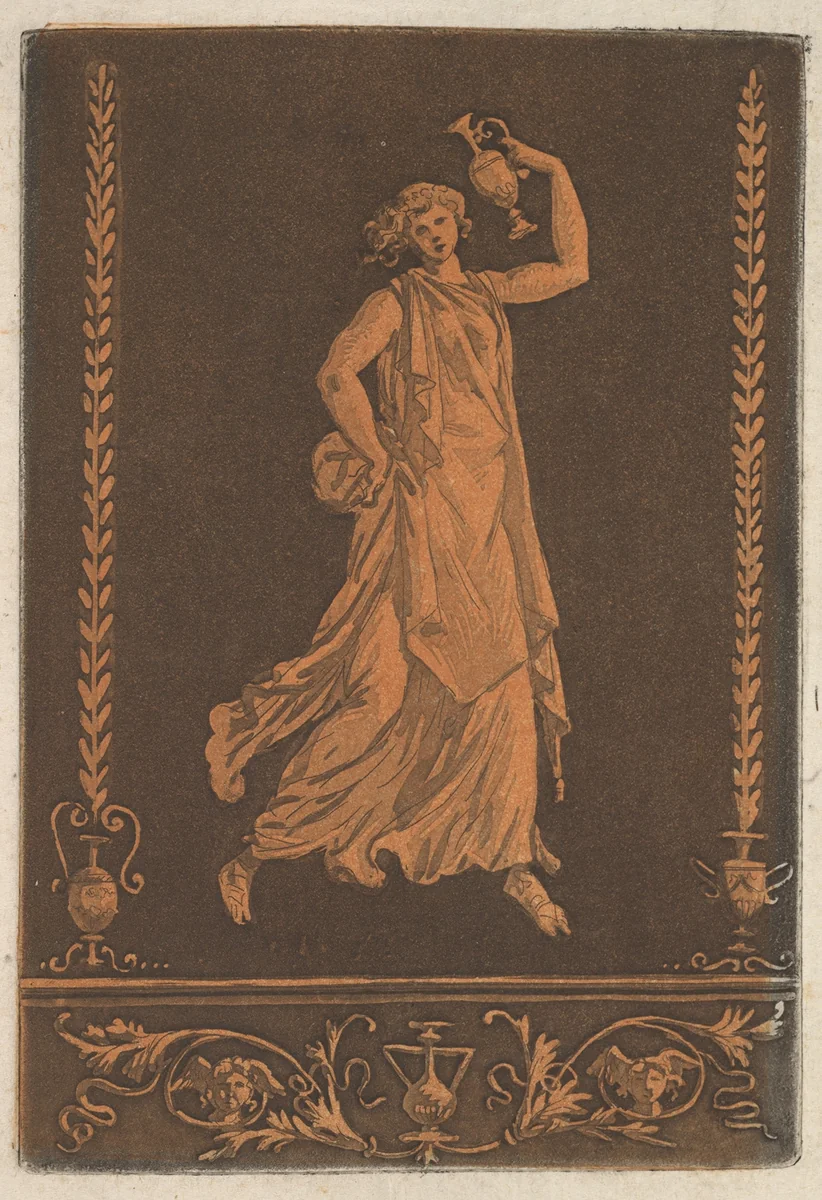 Jeune femme drapée, marchant de gauche à droit, portant un vase de métal (Young draped woman, walking from left to right, carrying a metal vase in the style of red-figure vase painting), most likely from Recueil de Différentes Compositions Frises et Ornements dessinées et gravées à la manière du lavis par La Grenée le Juene Se trouve chez l'Auteur, au Louvre et chez Basan, rue et Hôtel Serpente A Paris, in an album containing Recueil de Compositions par Lagrenée Le Jeune (Collection of Compositions by Lagrenée the Younger) by Jean Jacques Lagrenée, print, 1779-1789