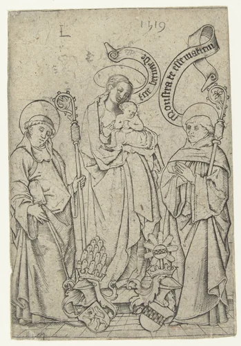Maria met kind en twee heiligen by Unknown, print, 1519