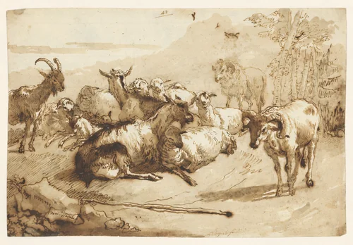 Goats and Sheep in a Landscape by Giovanni Domenico Tiepolo, drawing, 1757-1764