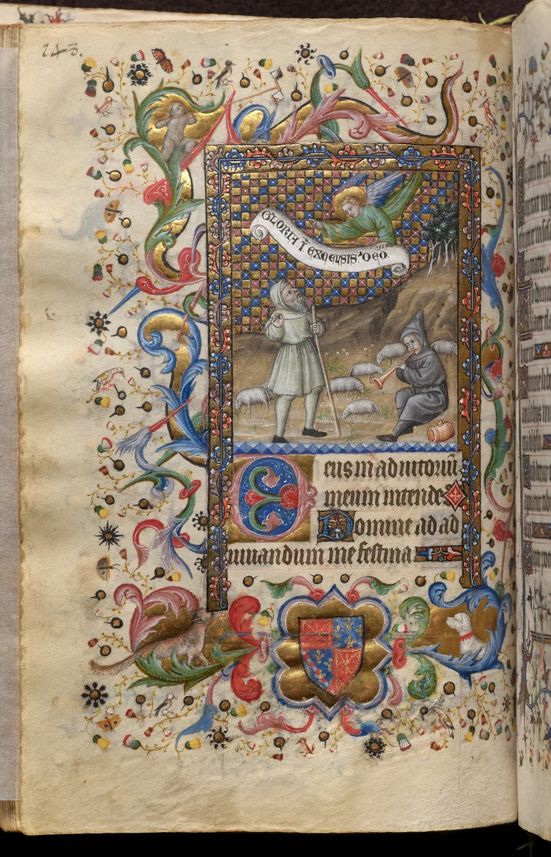 Hours of Charles the Noble, King of Navarre (1361-1425): Annunciation to the Shepherds (Tierce), fol. 74 (verso) by Master of the Brussels Initials and Associates, book, 1400-1410
