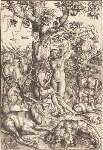 Adam and Eve in Paradise by Lucas Cranach, print, 1509