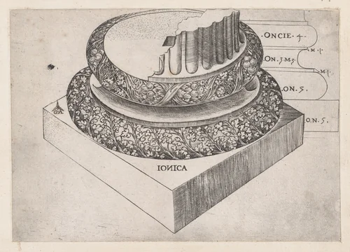 Ionic base, from "Speculum Romanae Magnificentiae" by Monogrammist G.A. with the Caltrop, print, 1534-1540