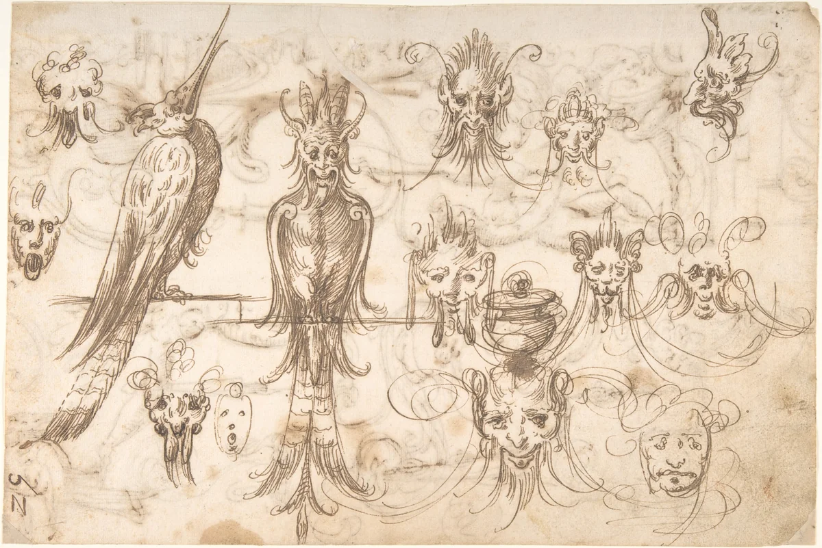Studies for birds and grotesque masks (recto); candelabra grotesques, ewers and vases (verso) by Andrés de Melgar, drawing, 1540-1550