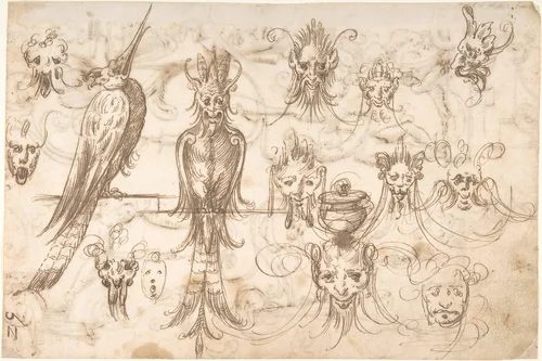 Studies for birds and grotesque masks (recto); candelabra grotesques, ewers and vases (verso) by Andrés de Melgar, drawing, 1540-1550