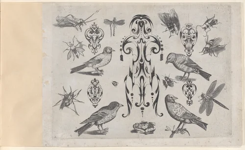 Blackwork Designs with Birds and Insects, Plate 2 from a Series of Blackwork Ornaments combined with figures, birds, animals and flowers by Meinert Gelijs, book, 1622