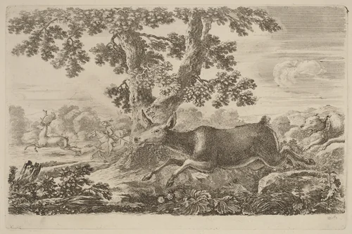 Deer Chased by a Dog to the Right by Stefano della Bella, print, 1610-1664