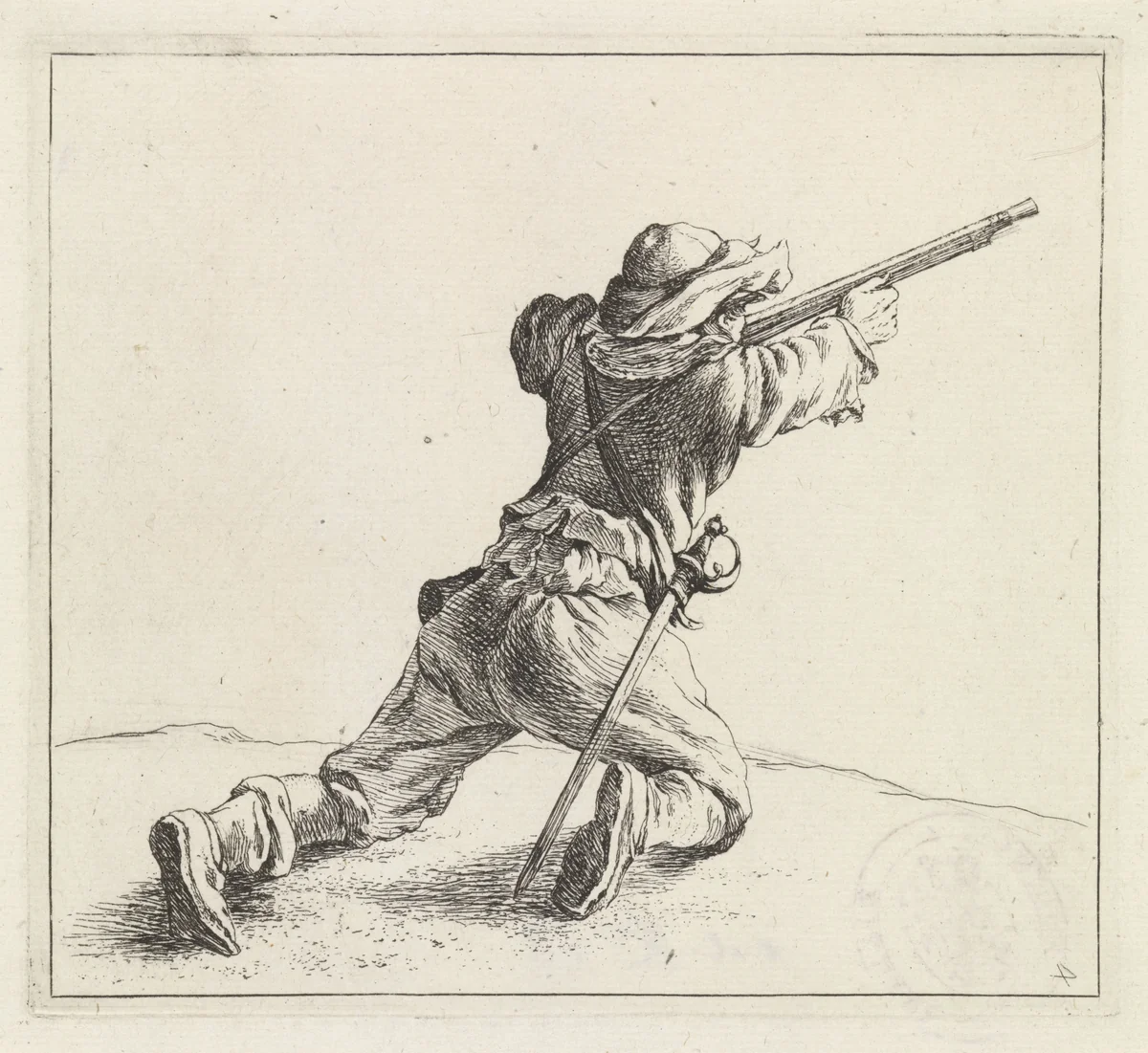 Soldaat met geweer naar rechts by Dirk Maas, print, 1710-1717