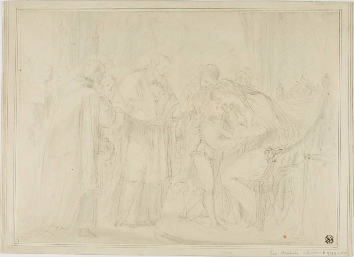 Queen of Edward IV parting with the Duke of York by Order of Richard III by Giovanni Battista Cipriani, drawing, 1747-1785