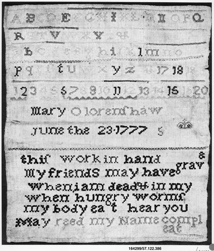 Embroidered sampler by Mary Oloremshaw, artwork, 1777