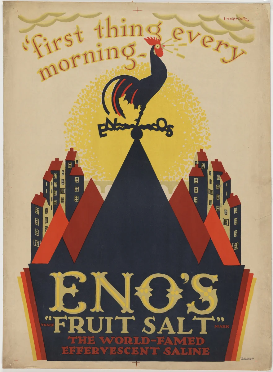 "first thing every morning", Eno's "Fruit Salt", The World-Famed Effervescent Saline by E. McKnight Kauffer, design, 1924