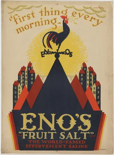 "first thing every morning", Eno's "Fruit Salt", The World-Famed Effervescent Saline by E. McKnight Kauffer, design, 1924