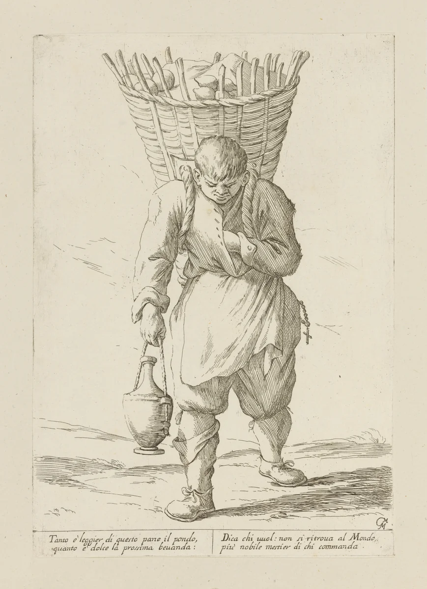 Man Carrying Bread in a Basket, from Di Bologna l'Arti per via D'An.ibal' Ca.rac, plate 35 by Giuseppe Maria Mitelli, print, 1660
