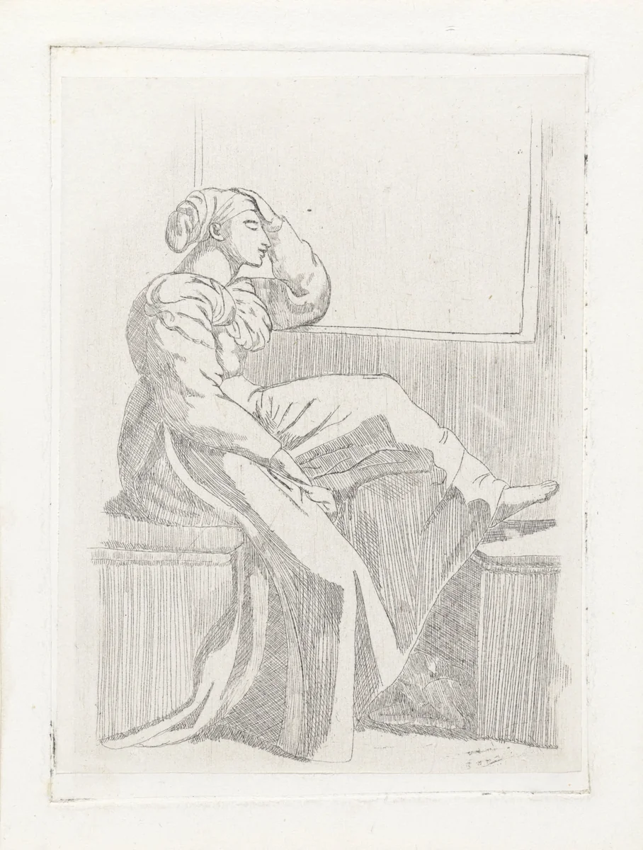 Zittende vrouw bij een open raam by Cornelia Marjolin-Scheffer, print, 1845-1899