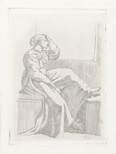 Zittende vrouw bij een open raam by Cornelia Marjolin-Scheffer, print, 1845-1899