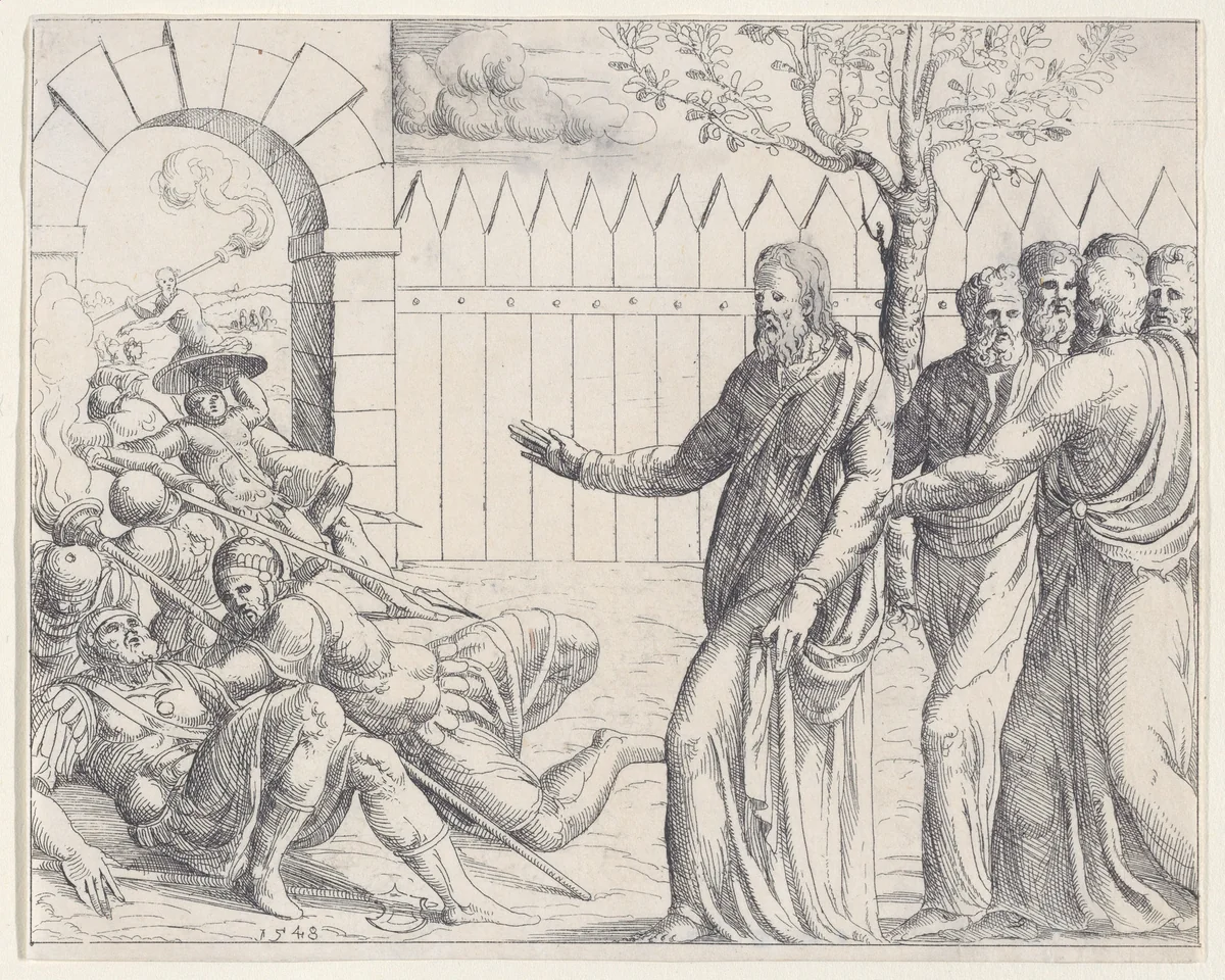 The Roman Soldiers Falling Before Christ, from Old and New Testaments by Augustin Hirschvogel, print, 1548