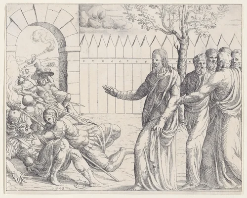 The Roman Soldiers Falling Before Christ, from Old and New Testaments by Augustin Hirschvogel, print, 1548