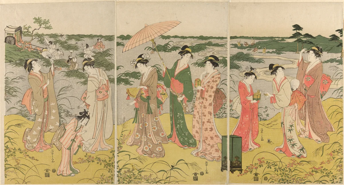 Parody of courtly insect hunt by Chobunsai Eishi, print, 1786-1797