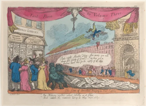 Tail Piece to Volume Three: The Genii of Caricature Bringing in Fresh Supplies by Thomas Rowlandson, print, 1804-1814