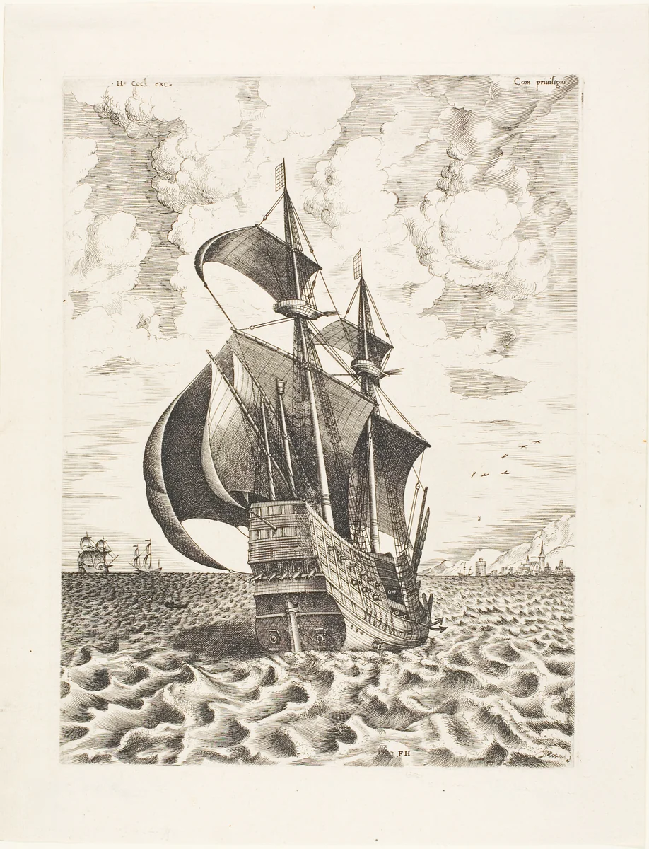 Armed Four-Master Sailing Towards a Port, from The Sailing Vessels by Frans Huys, print, 1560-1562