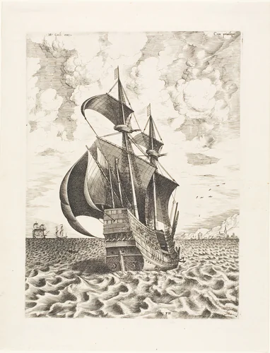 Armed Four-Master Sailing Towards a Port, from The Sailing Vessels by Frans Huys, print, 1560-1562